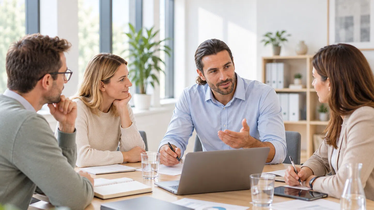 Vier Kolleg*innen besprechen Unterlagen am Laptop