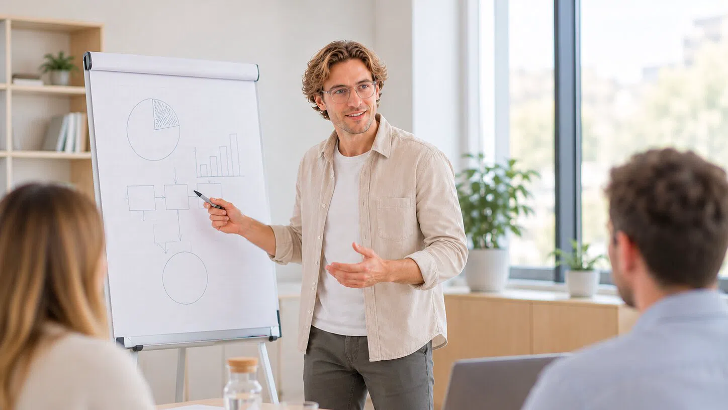Ein Dozent zeigt auf Diagramme am Flipchart